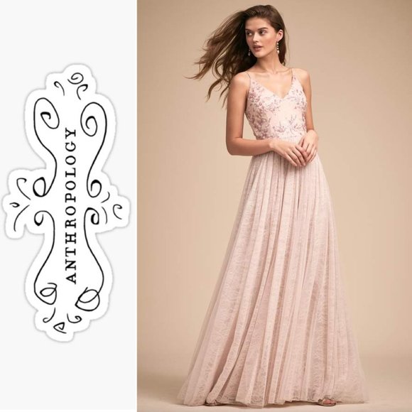 BHLDN Dresses & Skirts - CLUNY DRESS Adrianna Papell Anthropologie Pink Sequined Embroidered Tulle